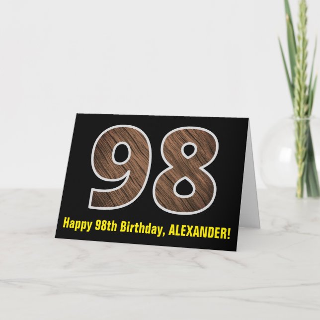 Tarjeta 98º Cumpleaños: Nombre + Modelo Faux Wood Grain "9 (Anverso)