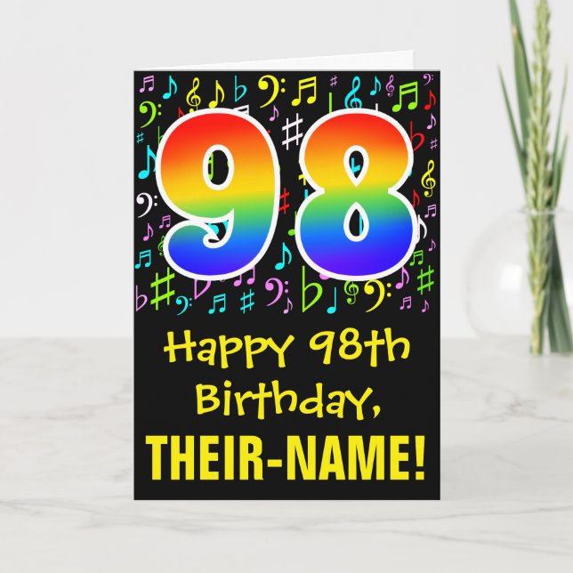 Tarjeta 98º cumpleaños: Símbolos de música colorida + arco (Anverso)