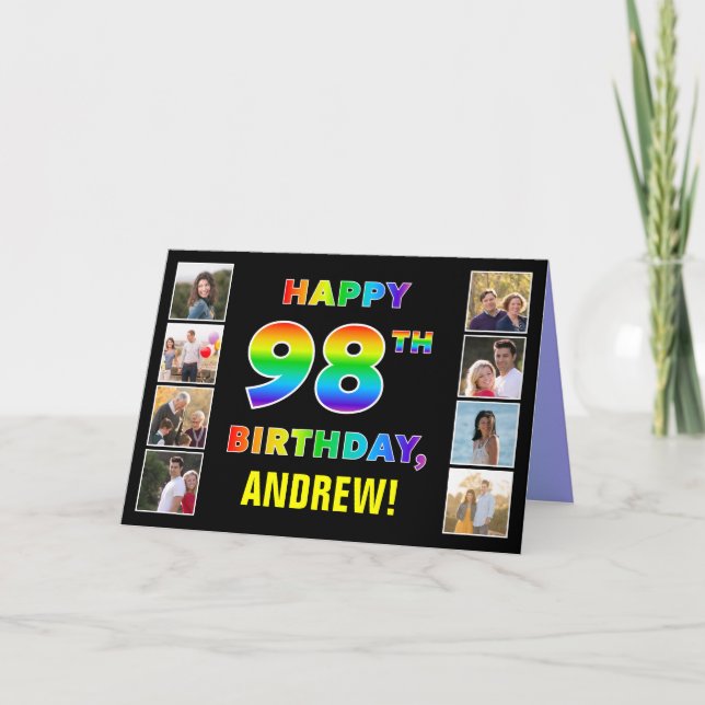 Tarjeta 98º cumpleaños: texto arcoiris, fotos y nombre de  (Anverso)