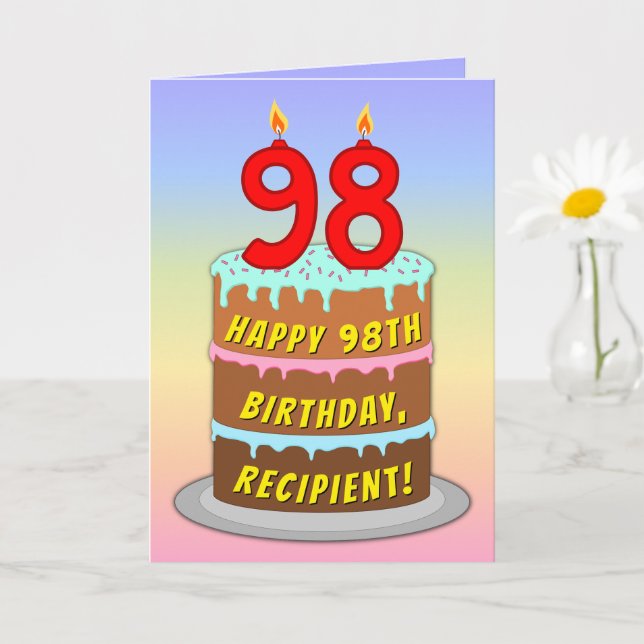 Tarjeta 98º cumpleaños — Torta divertida y velas, con nomb (Planta pequeña)