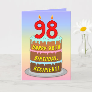 Tarjeta 98º cumpleaños — Torta divertida y velas, con nomb