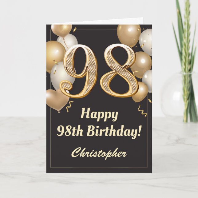 Tarjeta 98.º Confetti de Globos de Oro y Negro (Anverso)