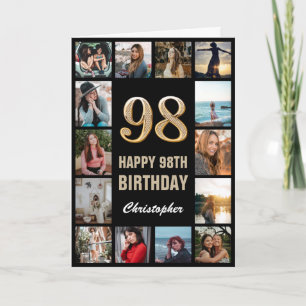 Tarjeta 98.º feliz cumpleaños Collage de fotos negro y oro