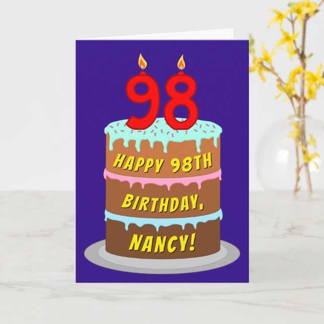 Tarjeta 98 Aniversario: Torta y velas divertidas + nombre  (flor amarilla)