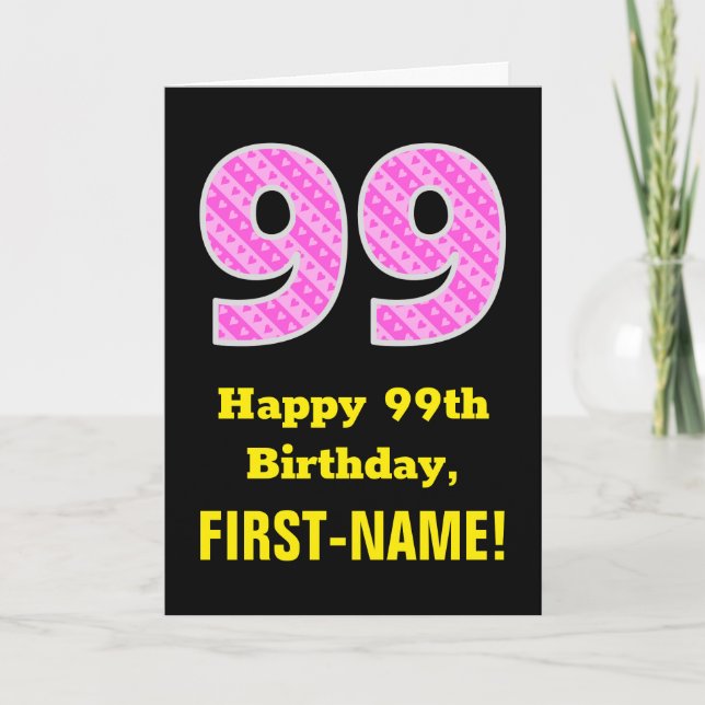 Tarjeta 99º cumpleaños: Estripas y corazones rosados "99"  (Anverso)