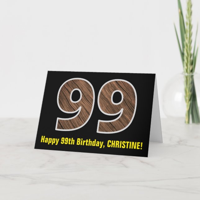 Tarjeta 99º Cumpleaños: Nombre + Modelo Faux Wood Grain "9 (Anverso)