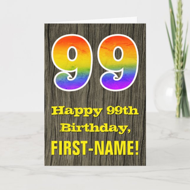 Tarjeta 99º cumpleaños: Rustic Faux Wood Look, Rainbow "99 (Anverso)
