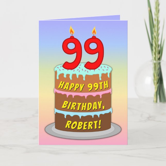 Tarjeta 99º cumpleaños — Torta divertida y velas, con nomb (Anverso)