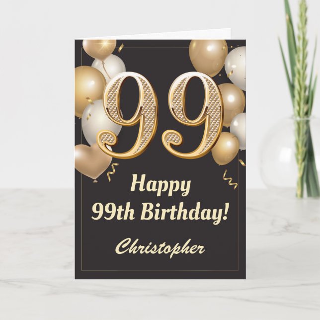 Tarjeta 99.º Confetti de Globos de Oro y Negro (Anverso)