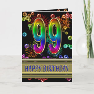 Tarjeta 99.º cumpleaños con burbujas de arcoiris y fuegos