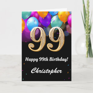 Tarjeta 99.º cumpleaños Globos de color negro y oro