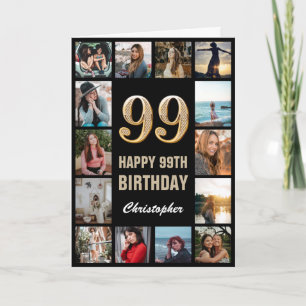 Tarjeta 99.º feliz cumpleaños Collage de fotos negro y oro