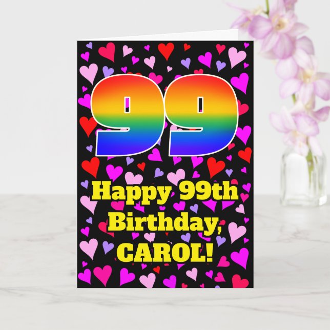 Tarjeta 99th Birthday: Loving Hearts Pattern, Rainbow # 99 (Orquídea)