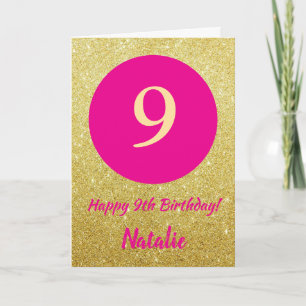 Tarjeta 9.ª feliz cumpleaños Purpurina de oro y rosado cal