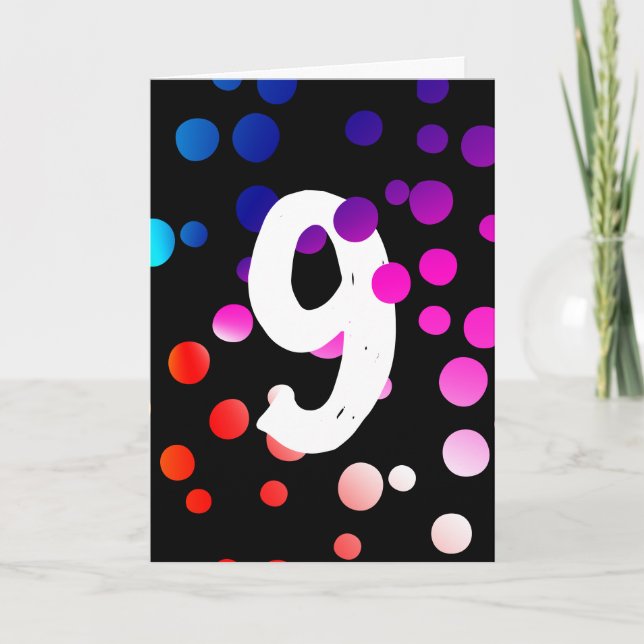 Tarjeta 9.º cumpleaños con los puntos del arcoiris en negr (Anverso)