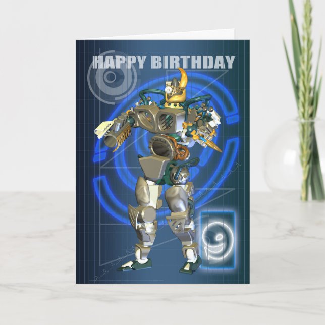 Tarjeta 9.º cumpleaños feliz con un guerrero robot (Anverso)