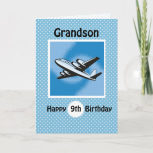 Tarjeta 9.º cumpleaños, nieto, avión azul