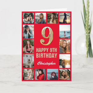 Tarjeta 9.º Feliz Cumpleaños Collage de fotos Rojo y Oro