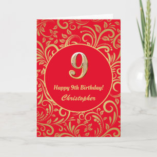 Tarjeta 9.º patrón floral rojo y dorado