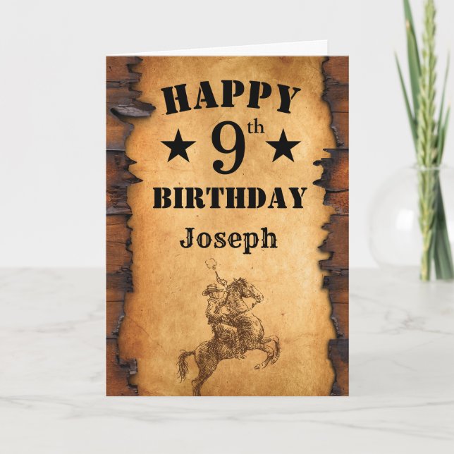 Tarjeta 9.º Rústico País de Cumpleaños Caballo de Vaquero  (Anverso)