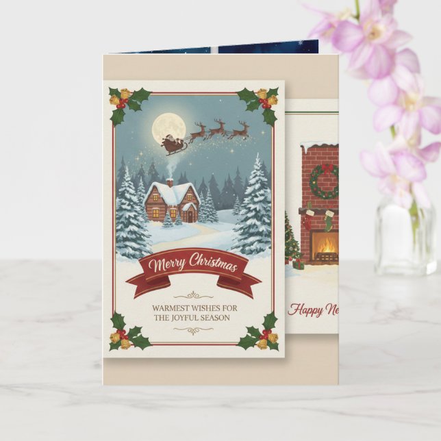 Tarjeta A Christmas card with snowy scenes, festive text,  (Orquídea)