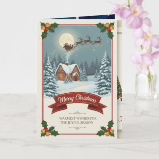 Tarjeta A Christmas card with snowy scenes, festive text,