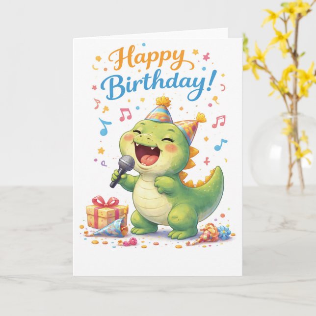 Tarjeta A fun dinosaur singing happy birthday (flor amarilla)