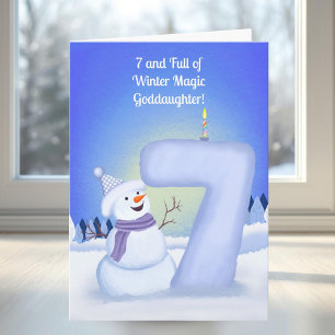 Tarjeta A la ahijada Feliz cumpleaños 7 Muñeco de nieve