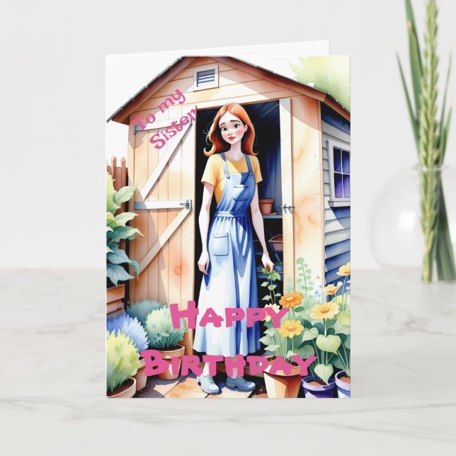Tarjeta A mi hermana, amarrada jardinería y flores Cumplea (Anverso)