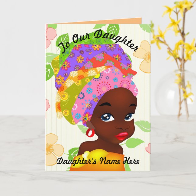 Tarjeta A nuestra hija Chica africana Personalizable Cumpl (flor amarilla)