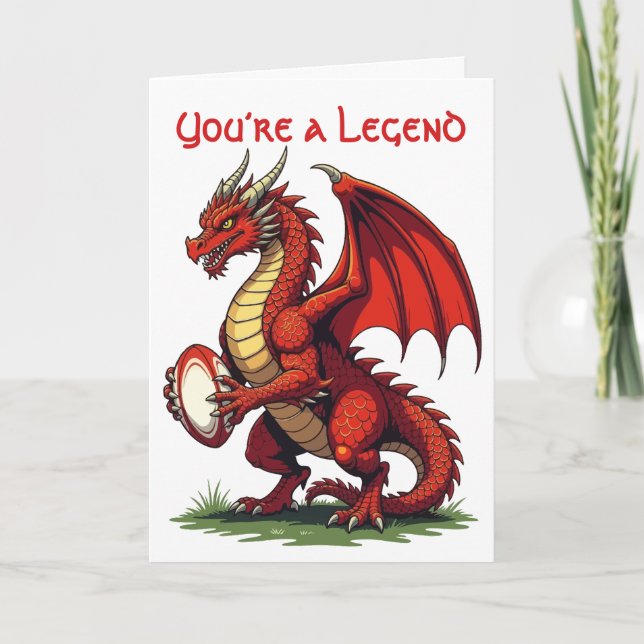 Tarjeta A Proud Red Dragon Holding A Rugby Ball (Anverso)