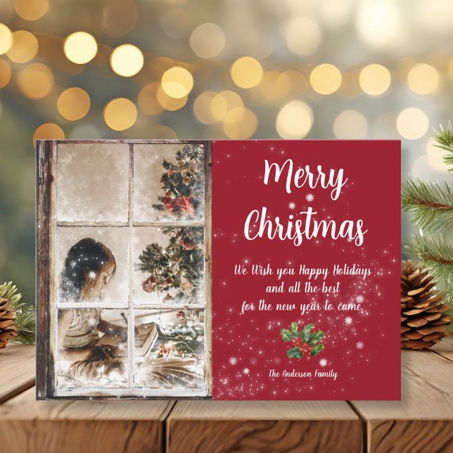 Tarjeta A través de ventanas escarpadas y foto de nieve (Through Frosted Windows and snow photo Card)