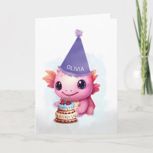 Tarjeta Aaxolotl rosado lindo de cumpleaños con Gorra mora