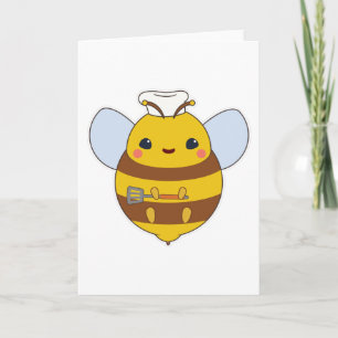 Tarjeta Abeja como cocinero con sombrero de chef y espátul
