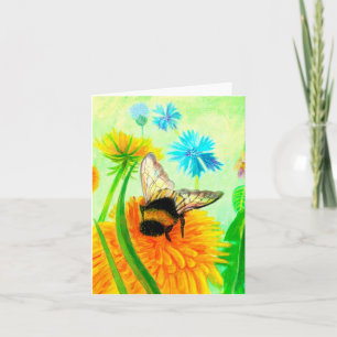 Tarjeta Abeja con burbujas en un Ilustracion de flores de