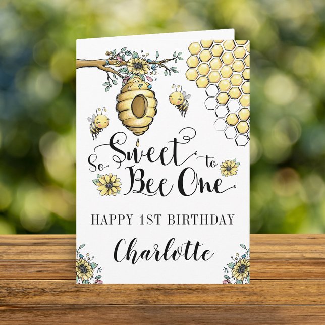 Tarjeta Abeja floral Miel tan dulce Abeja primer cumpleaño (Subido por el creador)