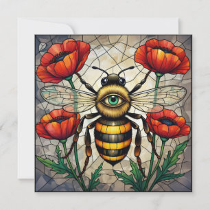 Tarjeta Abeja Vidriera Roja Flor de Amapola Arte de Insect