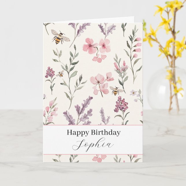 Tarjeta Abejas Lavanda Flores Rosadas Cumpleaños (flor amarilla)
