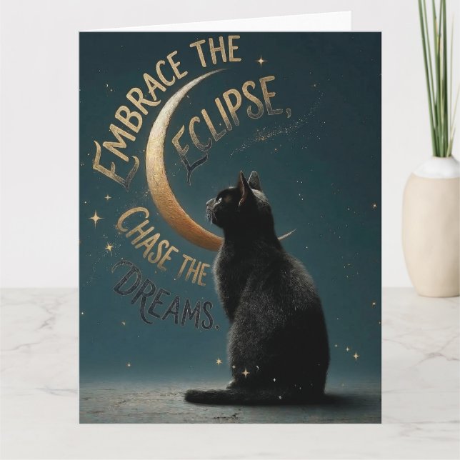 Tarjeta "abraza el eclipse" Ilustración de gato celestial (Anverso)