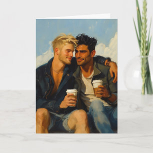 Tarjeta Abrazo de café en la acera al amanecer