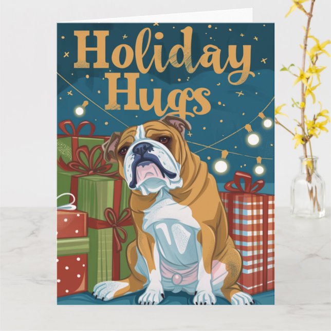 Tarjeta Abrazos de luces de vacaciones de Bulldog inglés (flor amarilla)