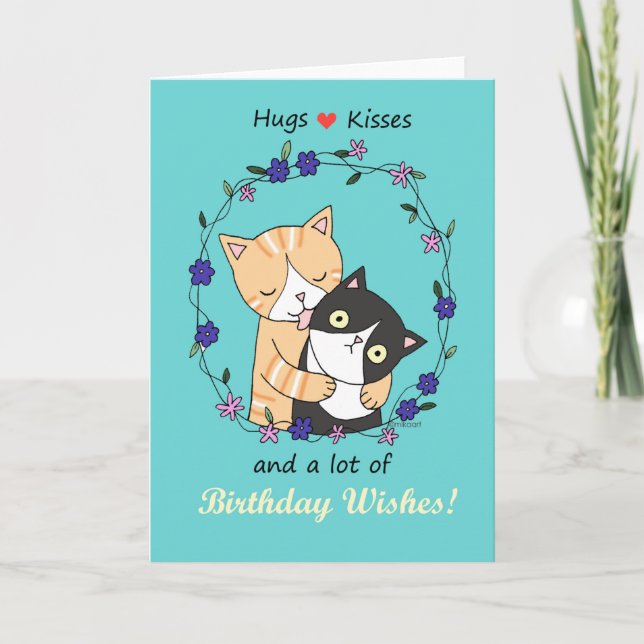 Tarjeta Abrazos y besos muchos deseos de cumpleaños gatos  (Anverso)