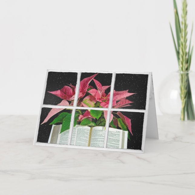 Tarjeta Abrir la Biblia con Poinsettias en la ventana (Anverso)
