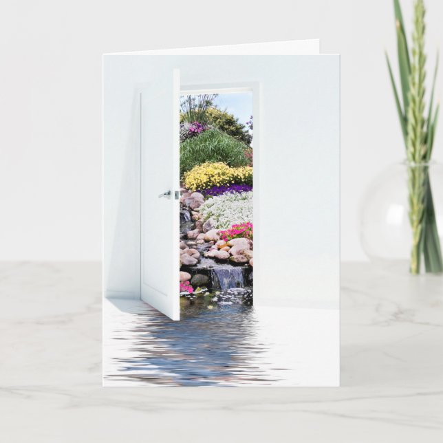 Tarjeta Abrir puerta blanca con cascadas (Anverso)