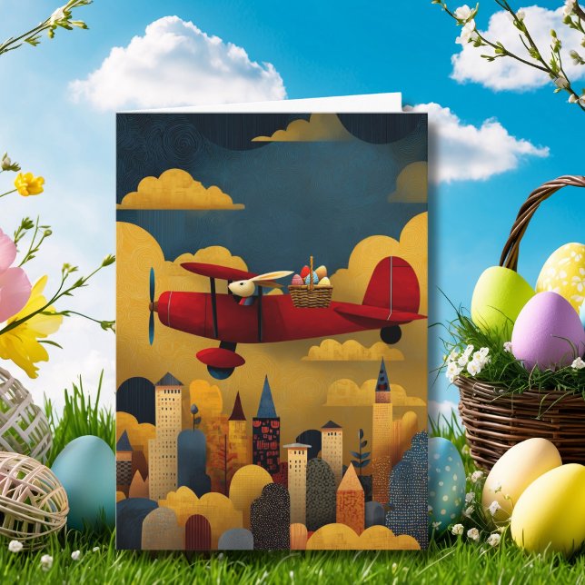 Tarjeta Abstract Bunny Flies Airplane Clouds Custom Easter (Subido por el creador)