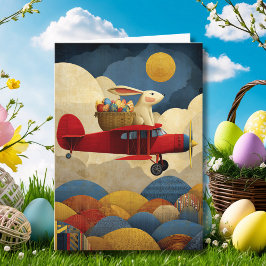 Tarjeta Abstract Bunny Flies Airplane Clouds Custom Easter