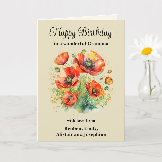 Tarjeta Abuela Amapolas Rojas Florales Feliz Cumpleaños (Planta pequeña)