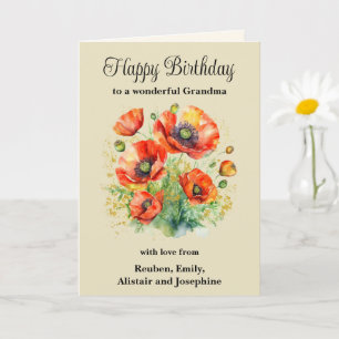 Tarjeta Abuela Amapolas Rojas Florales Feliz Cumpleaños