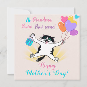 Tarjeta Abuela Día de la Madre Gatito Divertido Globos de 