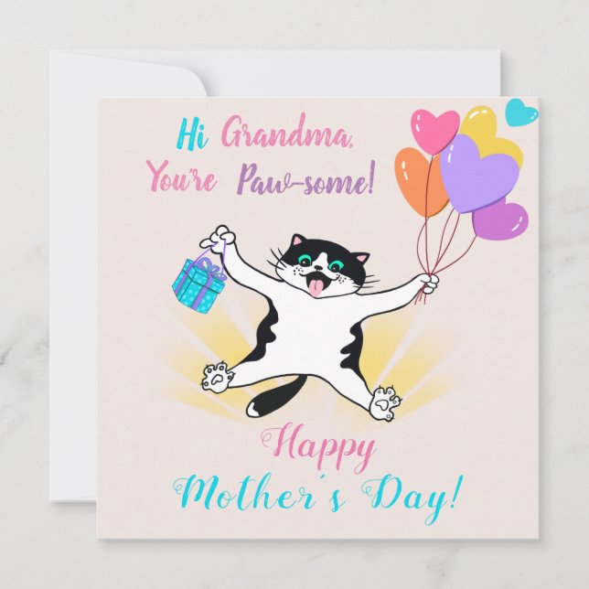 Tarjeta Abuela Día de la Madre Gatito Divertido Globos de  (Anverso)